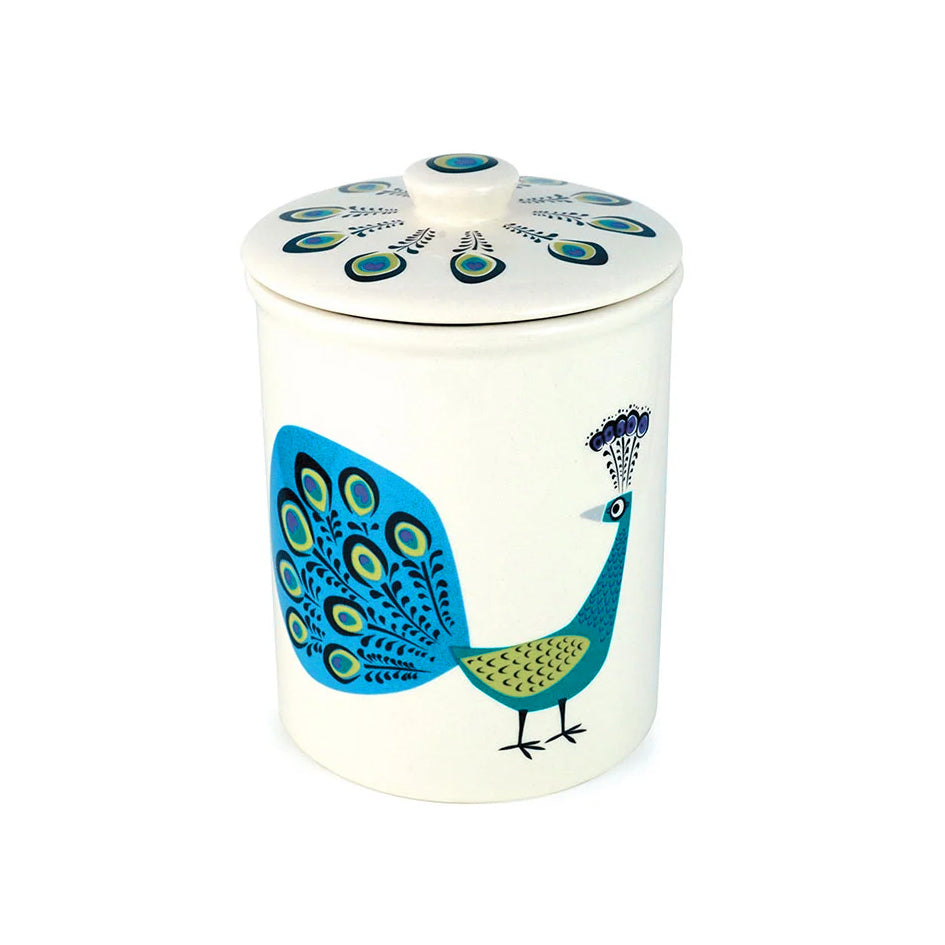 Afbeelding van keramiek opbergpot met illustratie van blaue en turquoise pauw Hannah Turner Ceramics - SuperMatique