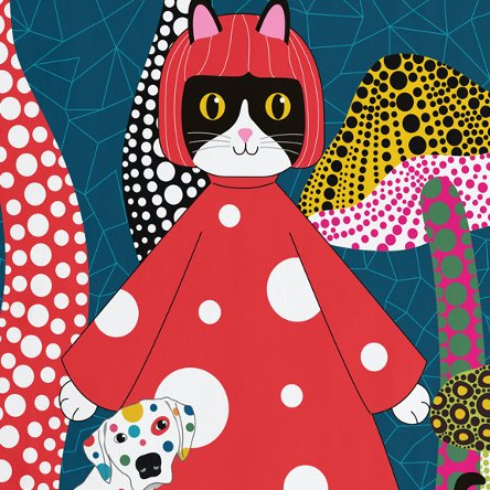 'Yayoi Kusama' Kusameow met Polka Dot Dog theedoek - SuperMatique