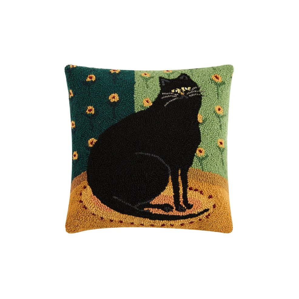Zwarte kat handgeknoopt kussen - SuperMatique