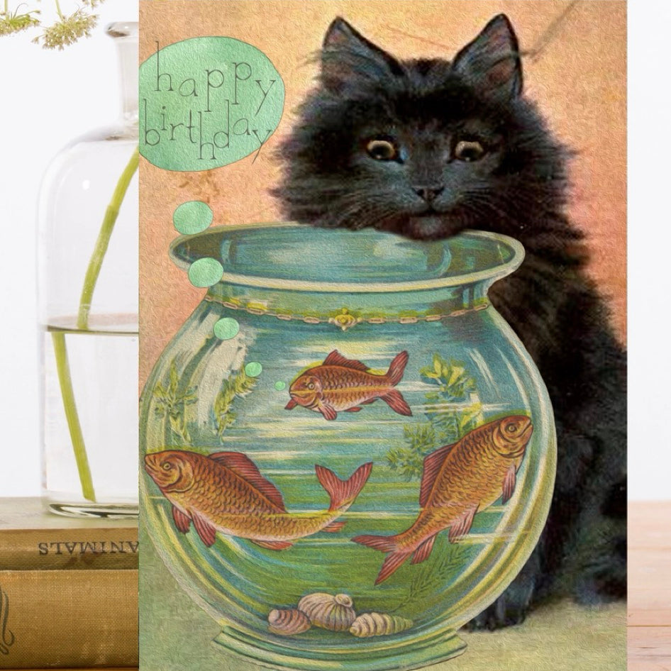 Afbeelding van een verjaardagskaart met een zwarte kat en een vissenkom met goudvissen van het merk Madame Treacle - SuperMatique