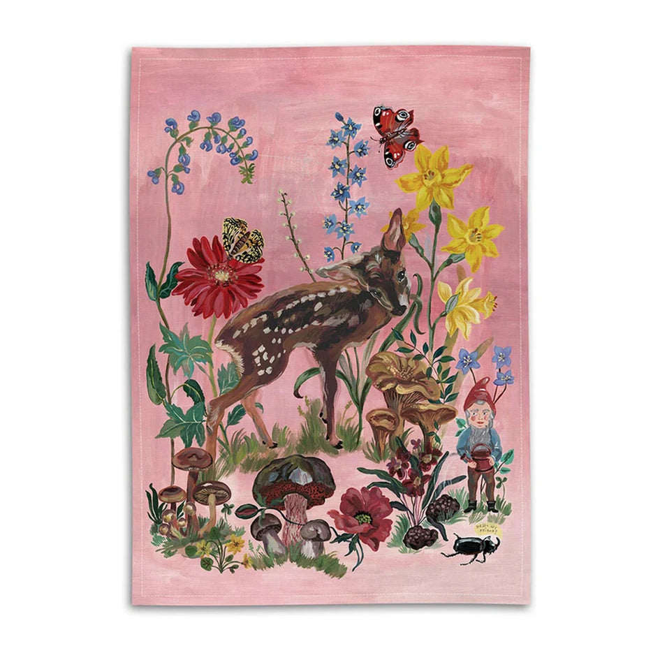 Afbeelding van roze linnen theedoek met illustratie van hert, paddenstoelen en bloemen Avenida Home - SuperMatique 