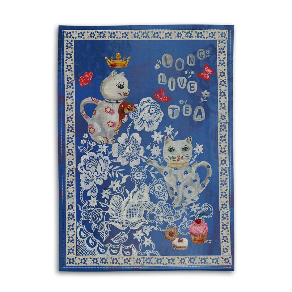 Afbeelding van linnen theedoek illustratie van katten, bloemen en cupcakes op blauw achtergrond Avenida Home - SuperMatique 