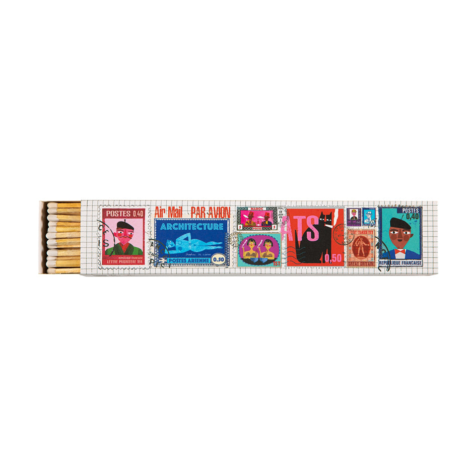 Afbeelding van extra lange lucifersdoos met illustraties van verschillende vintage postzegels Archivist Gallery - SuperMatique