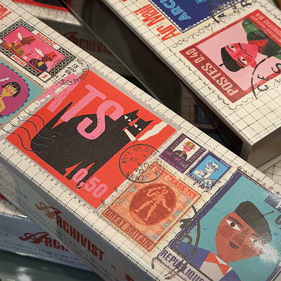 Afbeelding van extra lange lucifersdoos met illustraties van verschillende vintage postzegels Archivist Gallery - SuperMatique