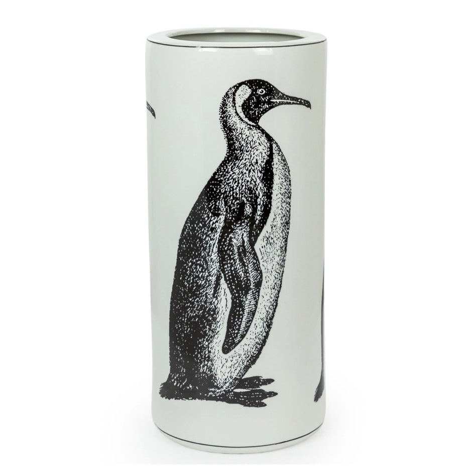 Afbeelding van keramische witte paraplubak met een pinguin - SuperMatique