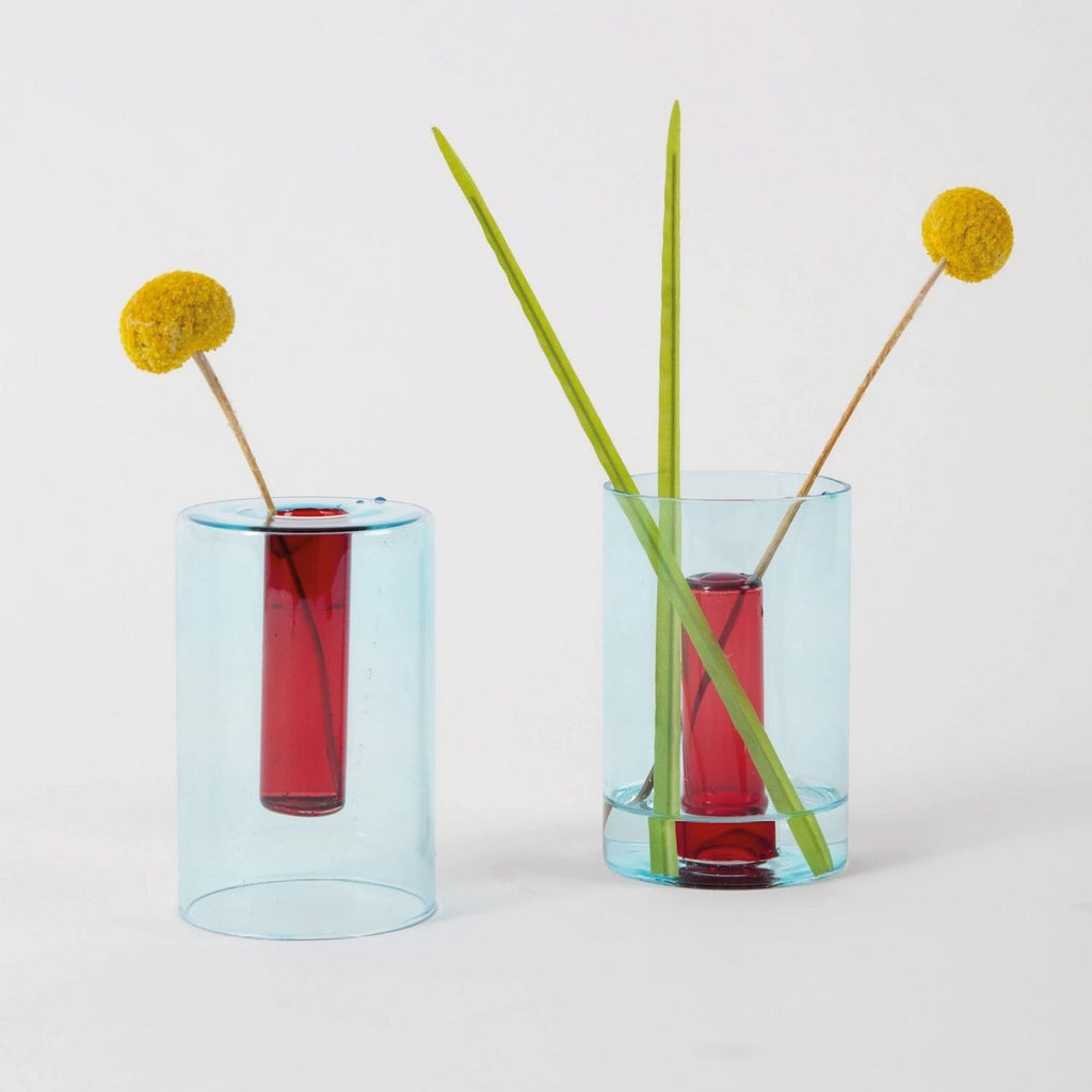 Omkeerbare glazen vaas klein blauw/rood - SuperMatique